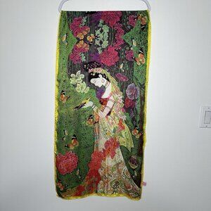 Asian Inspired Silk Scarf Floral Butterflies Bird OS